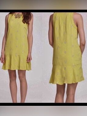 Leifnotes Anthropologie Chartreuse Diamond Motif Sequin Drop Waist Dress Size 4